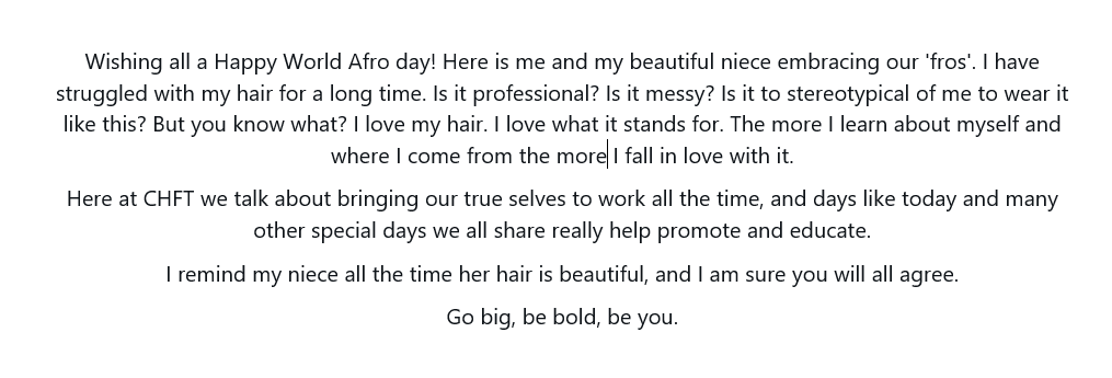RENCHFT's tweet photo. CHFT REN are wishing all of our colleagues and staff a Happy World Afro day! Here is me and my story with my beautiful niece embracing our 'fros'.  @8NBX @Chftengagement #OCOC #EDI @worldafroday https://t.co/YetpYrUUsn