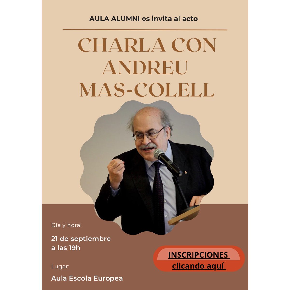 aula_ee's tweet photo. Aula Alumni os invita al acto "Conversación con Andreu Mas-Colell", la primera sesión del Ciclo de Conferencias Alumni del curso 2023-2024.  
📆 21 de septiembre a las 19 h 
📍Edificio de Secundaria, Aula Escuela Europea   

Inscríbete en: https://t.co/TZ2pKBQzjp
¡Os esperamos! https://t.co/Vu8OlVyA4A