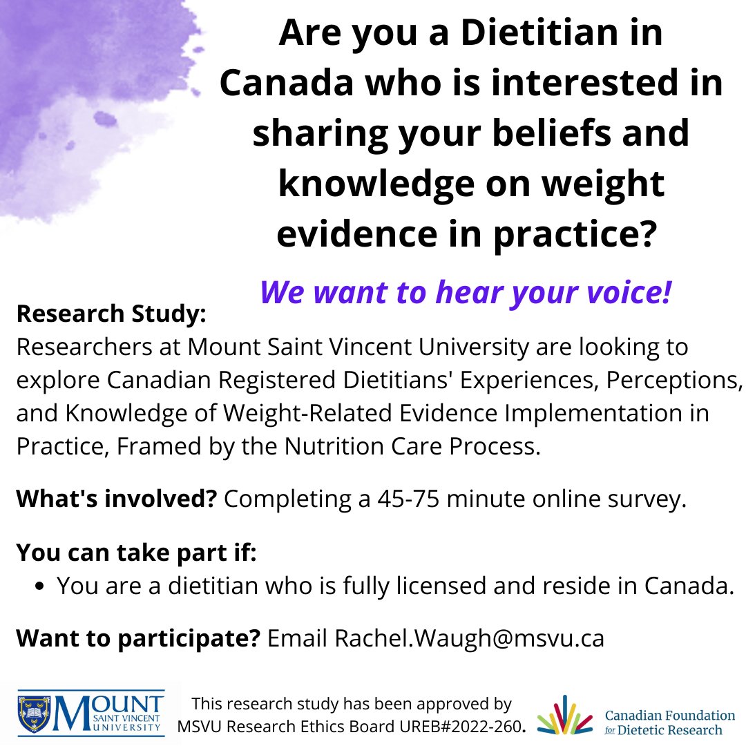 Calling all Dietitians in Canada🎺Recruitment has been extended! 🎺Have your voice heard in an online survey. To learn more, go to surveys.msvu.ca/index.php?r=su… or email Rachel.Waugh@msvu.ca <a href="/DietitiansCAN/">Dietitians of Canada</a> <a href="/KTCanada/">KT Canada</a> <a href="/SPORAlliance/">SPOR Evidence Alliance</a> <a href="/kt_program/">Knowledge Translation Program</a> <a href="/_researchNS/">Research Nova Scotia</a> <a href="/FoodSecureCAN/">Food Secure Canada</a> <a href="/CBCNS/">CBC Nova Scotia</a> <a href="/HealthNS/">Nova Scotia Health</a>