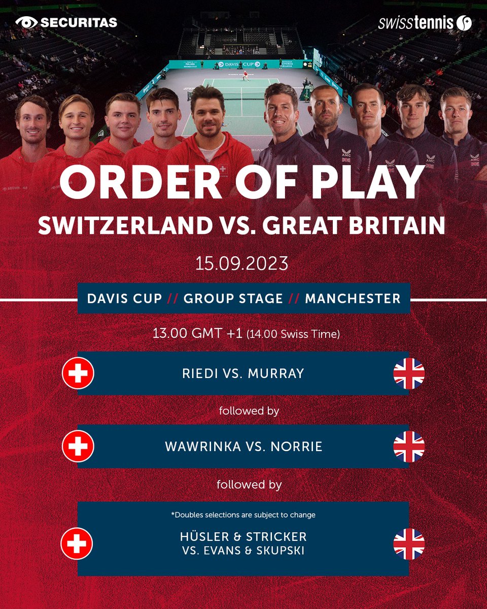 swiss_tennis's tweet photo. Match Day - Tie 2 π¨πvs.π¬π§
These are the matches today for the
@securitasag #Swiss @daviscup #team πΎ
Davis Cup - ποΈ 12 - 17 September 2023
Sept 16 π¨πvs π¦πΊ
#GBSUI #swisstennis #swisstennisplayer #stagegroup #finals #manchester #hoppschwiiz #hopsuisse
#buildthenextgeneration https://t.co/dapbCXLTRj