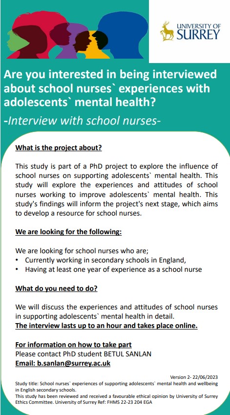 📢We are still looking for school nurses currently working in secondary schools in England.
📢Please share and email
📩b.sanlan@surrey.ac.uk
@SAPHNAsharonOBE <a href="/SAPHNAteam/">SAPHNA</a> <a href="/UnitedGMH/">United for Global Mental Health</a> <a href="/Unite_CPHVA/">Unite_CPHVA</a> <a href="/acamh/">Association for Child & Adolescent Mental Health</a> <a href="/SchoolNursing/">Caroline Voogd</a> <a href="/WeSchoolNurses/">WeSchoolNurses 💙</a> <a href="/schoolnurses/">NASN, Inc.</a> <a href="/HCT_SchoolNurse/">HCT School Nursing</a> @SouthendSN