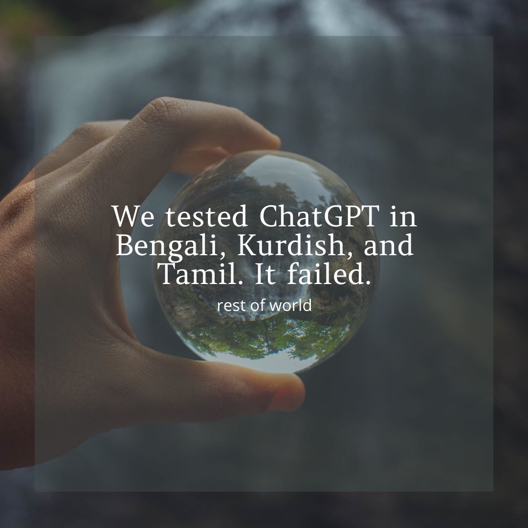 Scientia Scripta (@scientiascripta) on Twitter photo From the tantalising detection a molecule on an exoplanet 120 light years away, only known to be produced on earth by life, to
ChatGPT's failure in underrepresented languages, here’s some #news we’re #reading <a href="/BBCNews/">BBC News (UK)</a> <a href="/guardian/">The Guardian</a> <a href="/restofworld/">Rest of World</a> From the tantalising detection a molecule on an exoplanet 120 light years away, only known to be produced on earth by life, to
ChatGPT's failure in underrepresented languages, here’s some #news we’re #reading <a href="/BBCNews/">BBC News (UK)</a> <a href="/guardian/">The Guardian</a> <a href="/restofworld/">Rest of World</a>