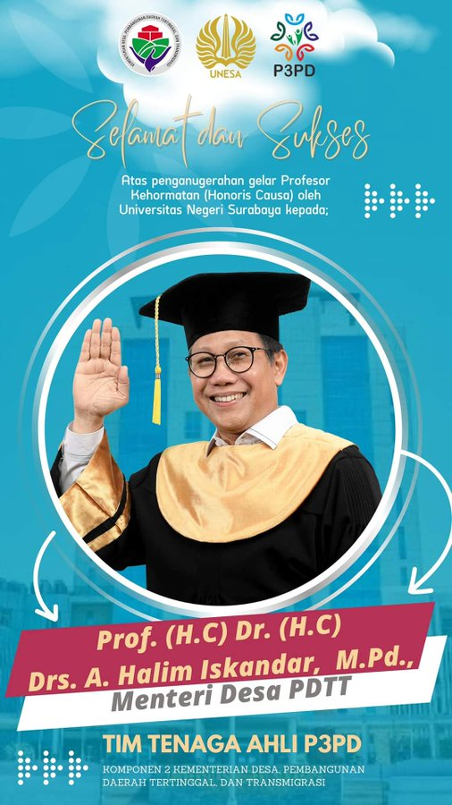hendsudjati's tweet photo. Selamat, sukses &amp; barokah atas penganugerahan gelar Profesor (H.C)., Dr. (H.C) Drs. A. Halim Iskandar, M.Pd., dari Universitas Negeri Surabaya, (16/9/23).  #GusProf
@halimiskandarnu
@kemendespdtt
@tppkemendes
@Official_UNESA
@azzameldzikrie
@zainul_munas https://t.co/T5steXCKHb