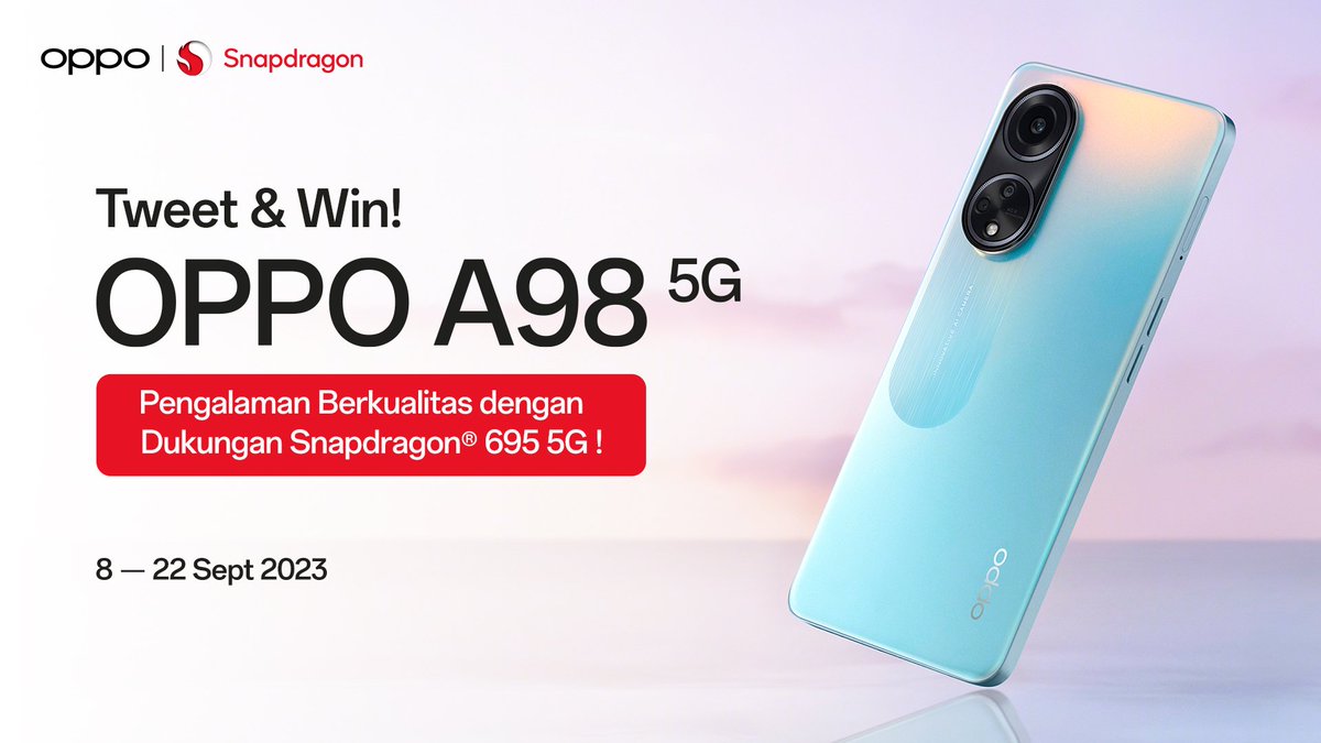 [🎁 GIVEAWAY TIME! 🎁]

Menangkan OPPO A98 5G dan upgrade ke Snapdragon 695 5G!

Caranya:
1. Follow <a href="/Snapdragon_ID/">Snapdragon Indonesia</a> &amp; <a href="/OPPOIndonesia/">OPPO Indonesia</a>
2. Repost &amp; Like post ini
3. Jawab dengan Reply: Apa saja fitur #OPPOA98 5G dengan #Snapdragon 695 5G yang akan jadi favoritmu?
4. Tag 3 temanmu!