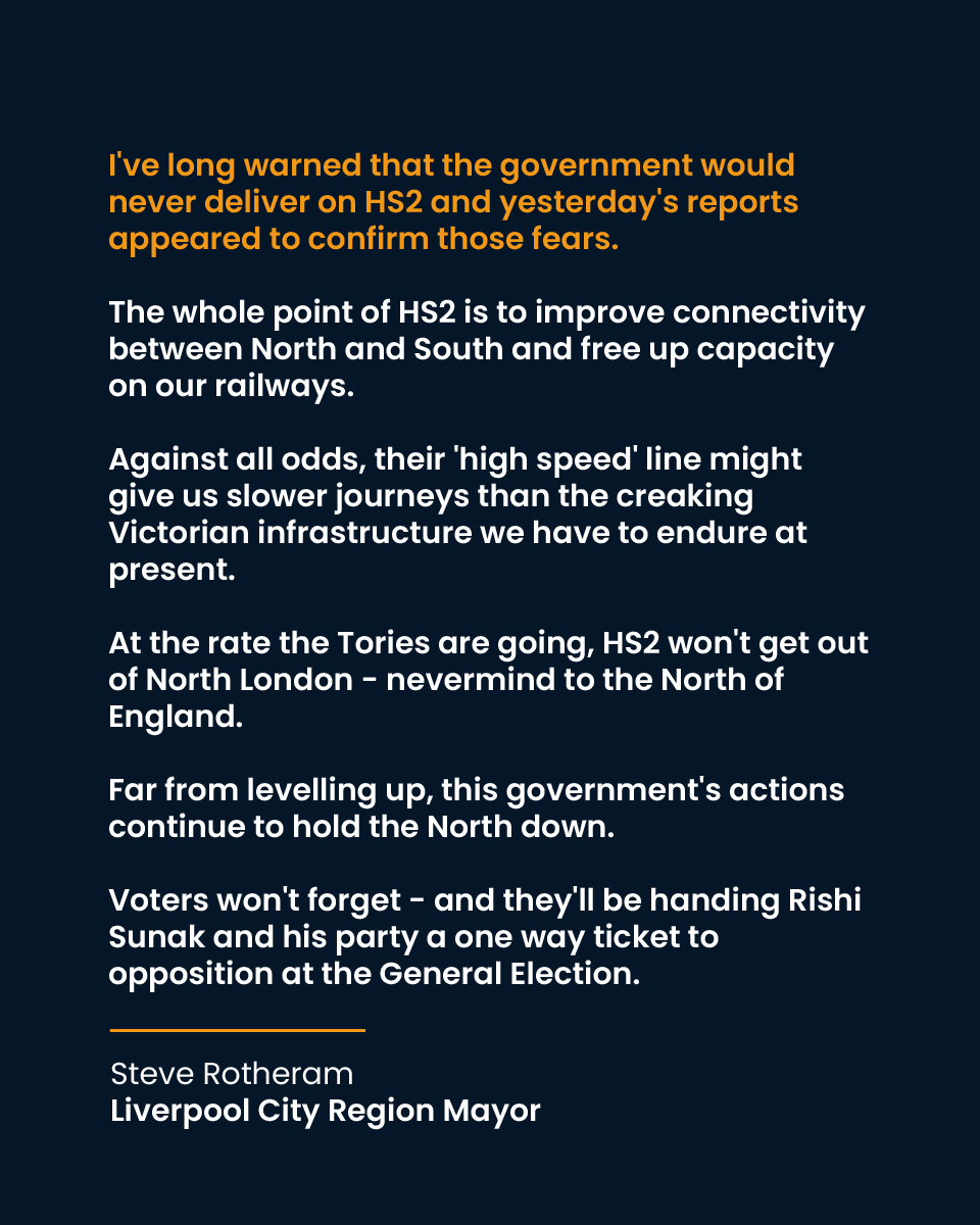 I long warned that the government would never deliver on HS2 and yesterday's reports appeared to confirm those fears. It's the latest in a long line of broken promises the Tories have made to the North - and voters won't forget.