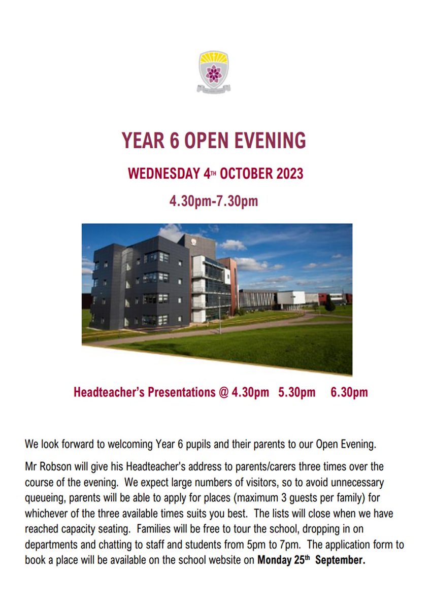 Cardinal Hume Open Night:
@CardinalHumeCS 
YEAR 6 OPEN EVENING
WEDNESDAY 4TH OCTOBER 2023
4.30pm-7.30pm

Bookings will open from Monday 25th September. 
cardinalhume.com/year-6-open-ev…