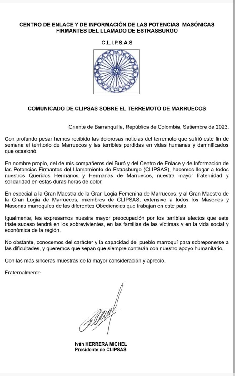 masoneriaPV's tweet image. 🌍 La internacional maçònica liberal, CLIPSAS, crida a la solidaritat amb les víctimes del terratrèmol del Marroc 🌿

#Marroc #CLIPSAS #Maçoneria #Valencia #Alacant #Elx #Alcoi #Xativa #Alzira #Torrent #Morella #Vilareial #Maçoneria #Castello #Lliria #Torrent #Gandia #Ontinyent