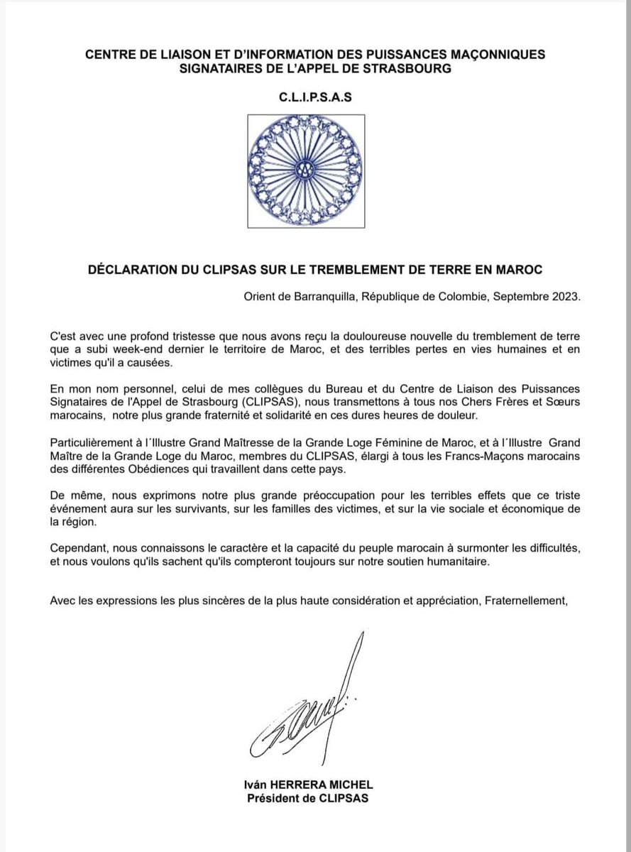 masoneriaPV's tweet image. 🌍 La internacional maçònica liberal, CLIPSAS, crida a la solidaritat amb les víctimes del terratrèmol del Marroc 🌿

#Marroc #CLIPSAS #Maçoneria #Valencia #Alacant #Elx #Alcoi #Xativa #Alzira #Torrent #Morella #Vilareial #Maçoneria #Castello #Lliria #Torrent #Gandia #Ontinyent