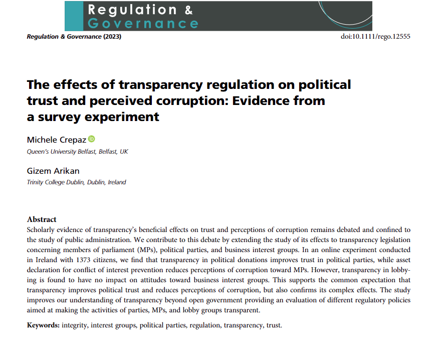 Happy to see our article with @michelecrepaz finally published in @RegGov_journal !

Using a survey experiment, we consider whether the effect of transparency regulations on political trust and perceptions of corruption is conditional on 'who' discloses political information.