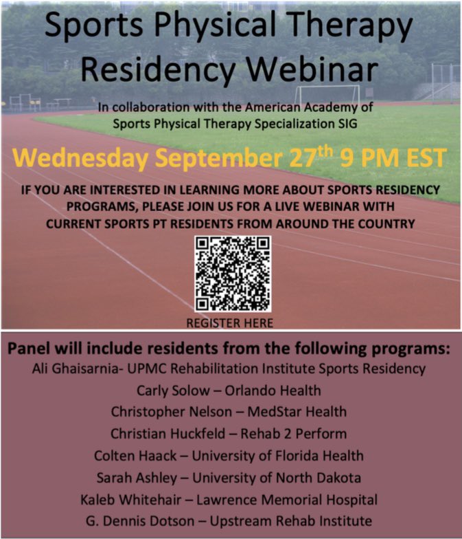 🚨🚨🚨

Are you interested in learning more about Sports Physical Therapy Residency? ⚽️🏀🏈⚾️🥎🎾

 @SpecializeSIG is hosting a panel-based webinar on WEDNESDAY SEPTEMBER 27th @ 9pm EST.

Use the QR code in the flier or the link  below to register. ✍️💻

learn.sportspt.org/courses/41557/…