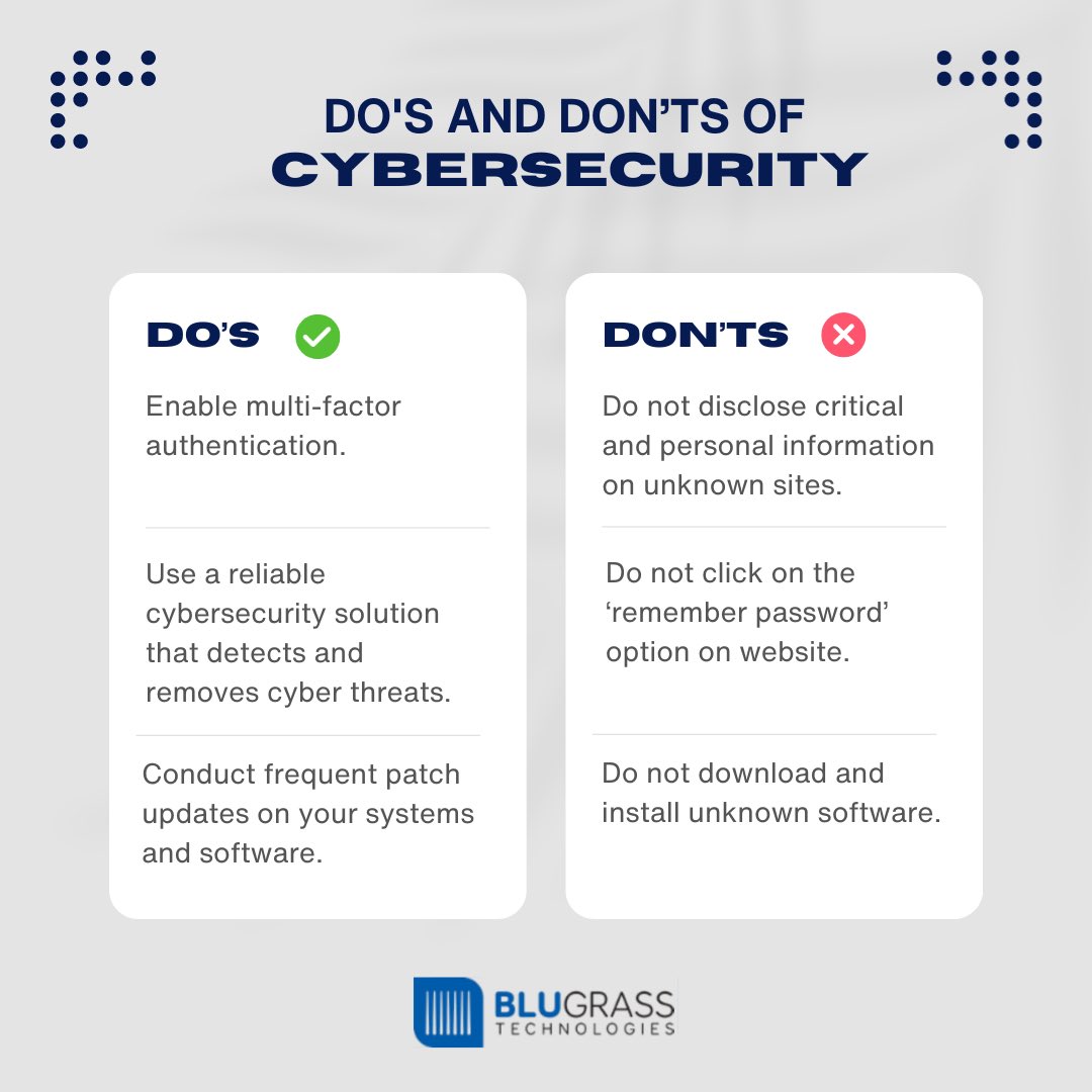 blugrasstech's tweet photo. By following these do's and don'ts, you can significantly enhance your cybersecurity posture and safeguard your digital presence. Stay safe online! 🔒💻

#cybersecurity #onlinesafety https://t.co/x8qBpMjEvl