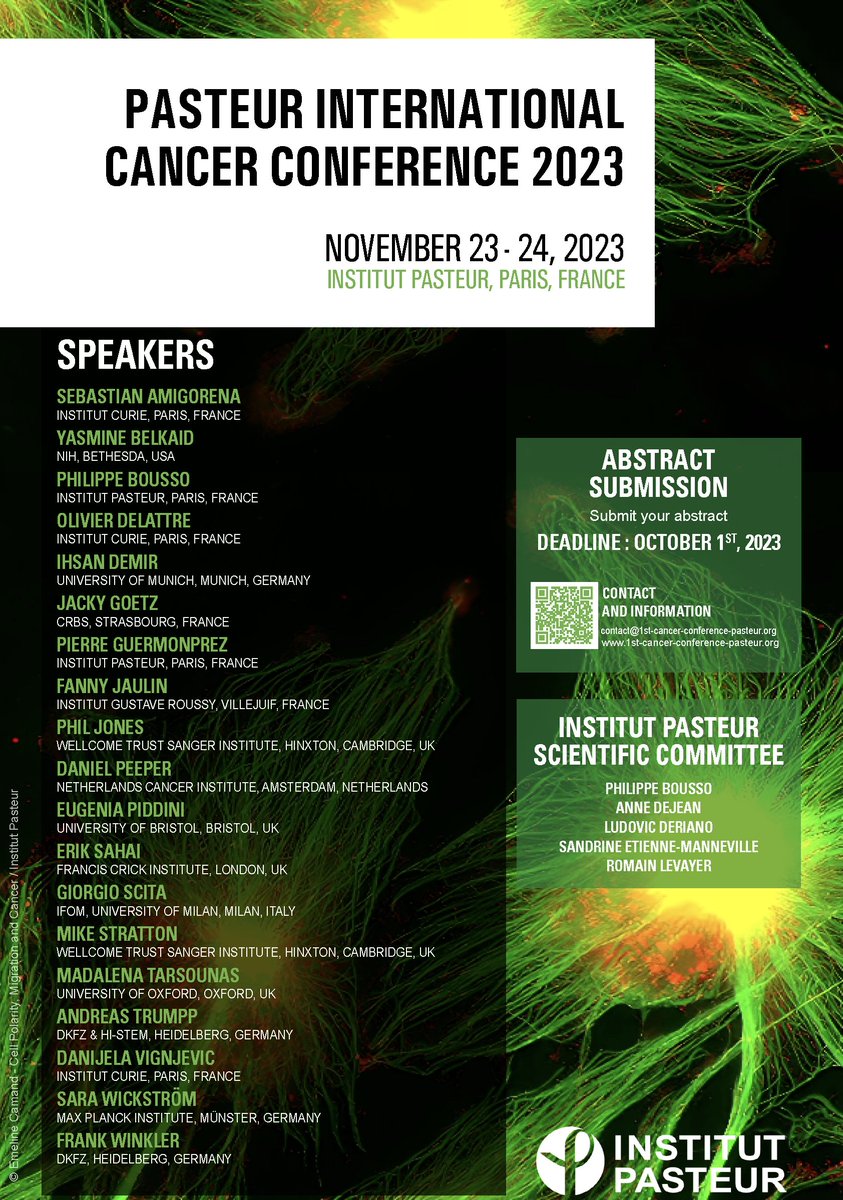 Deriano Lab (@derianol) on Twitter photo First "Pasteur International Cancer Conference" organized <a href="/institutpasteur/">Institut Pasteur, since 1887</a> in Paris.
There is still time to REGISTER and SUBMIT an ABSTRACT. An exceptional list of speakers and many opportunities to present your work (short talk and poster). 1st-cancer-conference-pasteur.org/home First "Pasteur International Cancer Conference" organized <a href="/institutpasteur/">Institut Pasteur, since 1887</a> in Paris.
There is still time to REGISTER and SUBMIT an ABSTRACT. An exceptional list of speakers and many opportunities to present your work (short talk and poster). 1st-cancer-conference-pasteur.org/home
