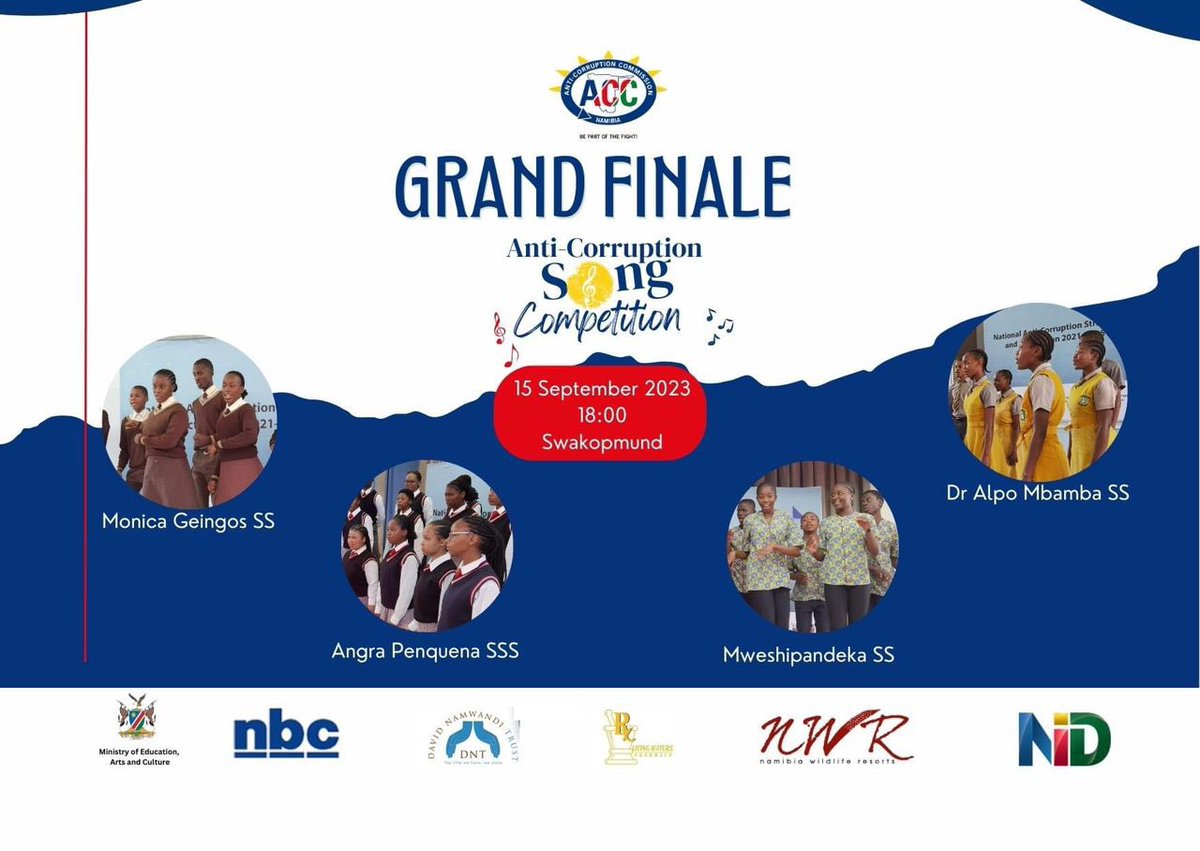 NBCNamibia's tweet photo. Join the Fight | Watch the grand finale of the Anti-Corruption Song Competition tonight, 15 September in Swakopmund and LIVE across NBC multimedia platforms at 18H00 

Anti Corruption Commission of Namibia

#JoinTheFight
#OneVoice
#NACSAP https://t.co/eERMJxcJ9T
