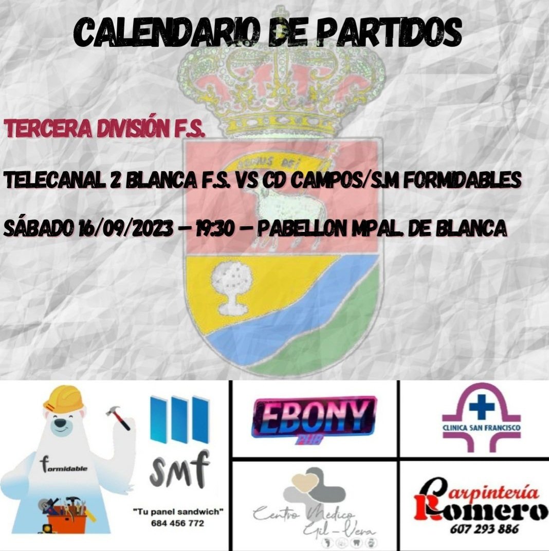 Este fin de semana el equipo de tercera división inicia la competición contra uno de los equipos favoritos al título de la categoría el <a href="/BlancaFS4/">Blanca F.S.</a> .  A seguir disfrutando del mejor fútbol sala camperos ⚽️⚽️💪💪. <a href="/muleo1/">muleño</a> <a href="/Ayto_Campos/">Ayuntamiento Campos Del Río</a> <a href="/IvnPrezCalixto1/">Iván Pérez Calixto</a> <a href="/josebae47170450/">FUTSALMUR</a>