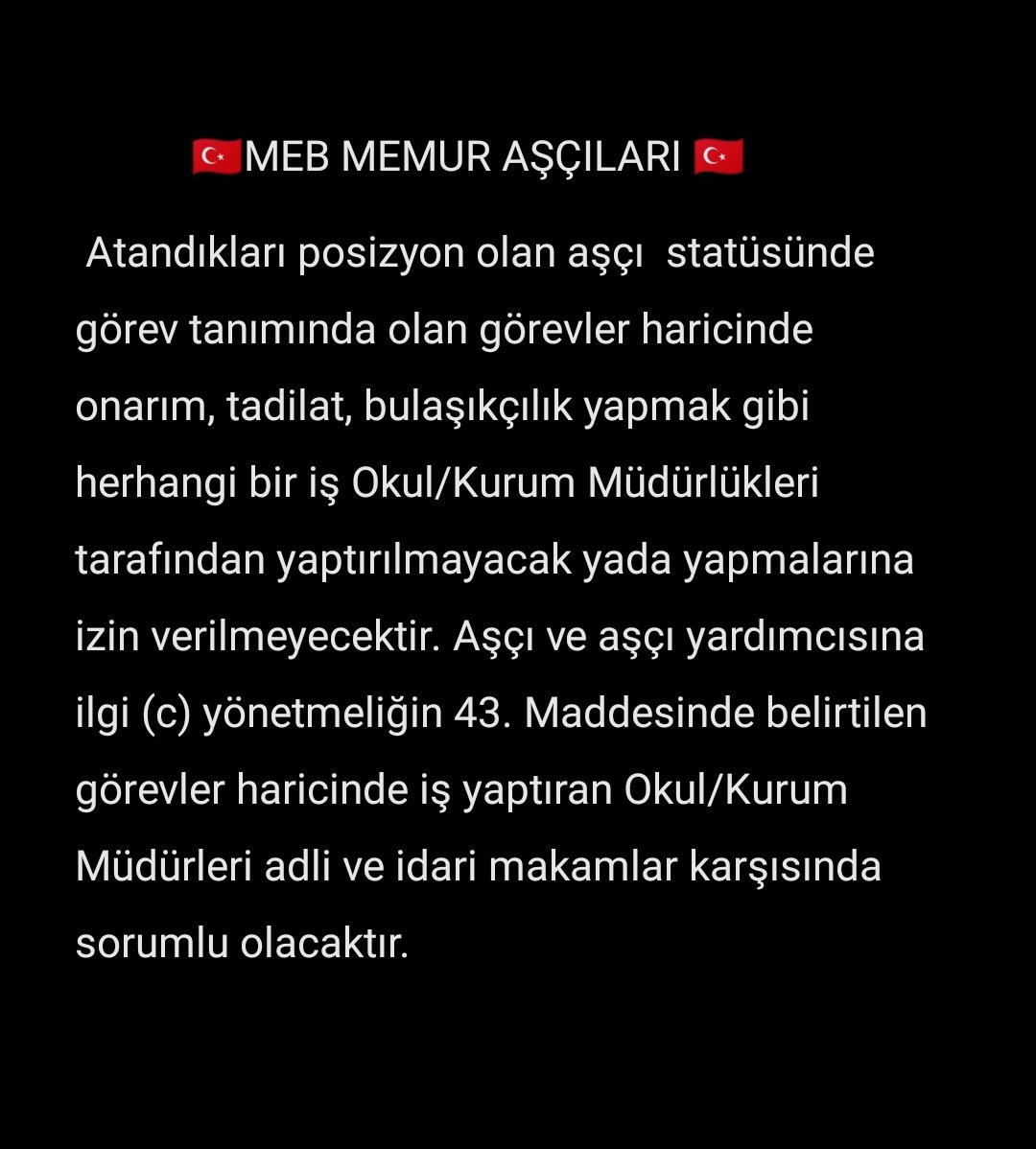 Kamu Aşçıları Platformu (@kamuascilar) on Twitter photo <a href="/tayyip_dalgin/">Tayyip DALGIN</a> Milli eğitim bakanlığı bünyesinde çalışan memur aşçılar olarak bizler ile ilgili okullara net görev tanımı gönderilmeli kaderimiz idarecilerin ellerine ve kötü muamelerine bırakılmamalı sayın bakanım sizden böyle bir yazı bekliyoruz 81'il valiliğine.<a href="/Yusuf__Tekin/">Yusuf Tekin</a> <a href="/tcmeb/">Millî Eğitim Bakanlığı</a> #meb <a href="/tayyip_dalgin/">Tayyip DALGIN</a> Milli eğitim bakanlığı bünyesinde çalışan memur aşçılar olarak bizler ile ilgili okullara net görev tanımı gönderilmeli kaderimiz idarecilerin ellerine ve kötü muamelerine bırakılmamalı sayın bakanım sizden böyle bir yazı bekliyoruz 81'il valiliğine.<a href="/Yusuf__Tekin/">Yusuf Tekin</a> <a href="/tcmeb/">Millî Eğitim Bakanlığı</a> #meb