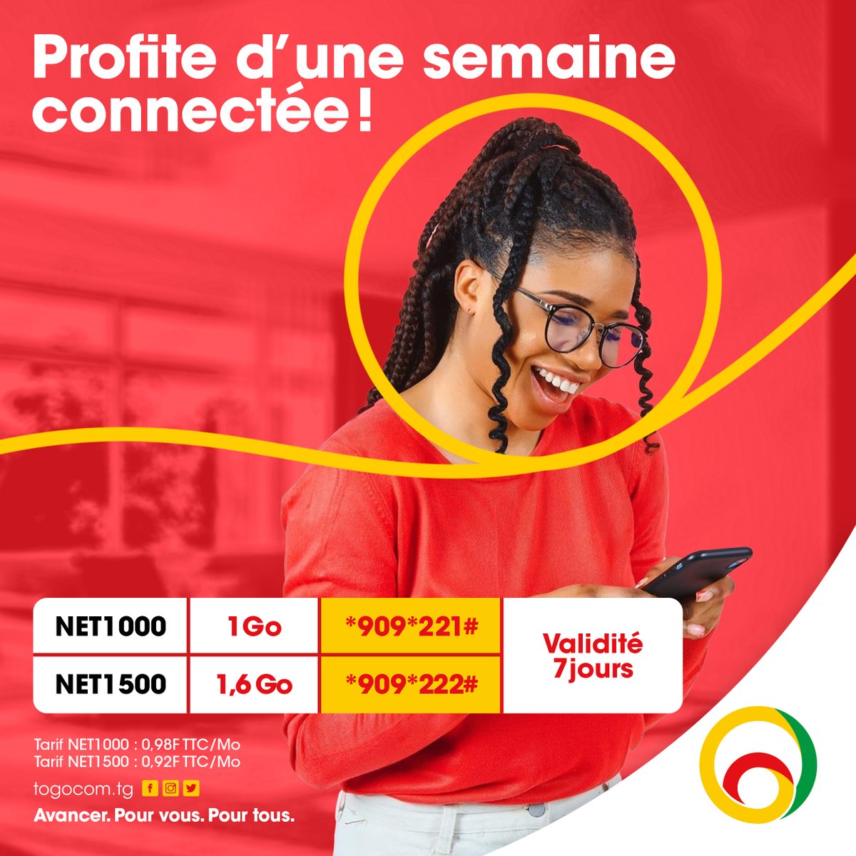 YasTogo's tweet photo. Active les forfaits internet semaine valable 7 jours, et profite du bonheur de la 4G+ chez Togocom😎

➡️ NET1000 – 1 Go - *909*221#
➡️ NET1500 – 1,6 Go - *909*222#

Tarif NET1000 : 0,98 F TTC/Mo
Tarif NET1500 : 0,92 F TTC/Mo

#Togocom #RestezConnecté #ForfaitsInternet https://t.co/sxh3N7W9Rj