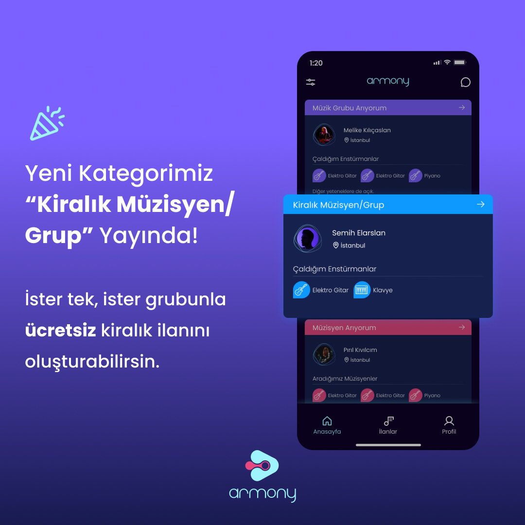 armonyapp's tweet photo. Armony App'i indir, "Kiralık Müzisyen/Grup" ilanını oluştur! 🥳 https://t.co/DPHBa0K8U4