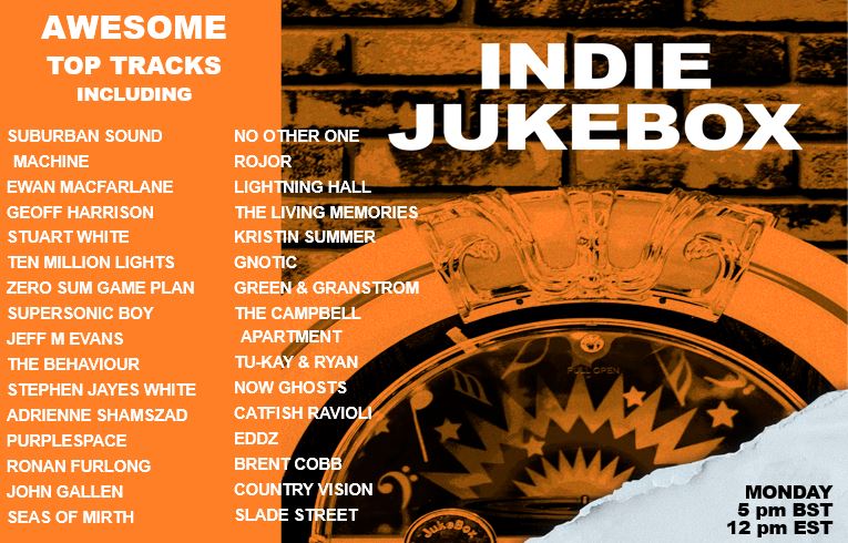 NEW #INDIE JUKEBOX Monday 5pm BST (12pm ET) ft: @SuburbanSMBand @macfarlane440 @moonsband @StuWhiteMusic @10millionlights @ZeroSumGamePla1 @TomClaudet @Purplespace @rfurlongmusic @seasofmirth radiowigwam.co.uk, SmartSpeaker/TuneIn #folk #indiepop #singersongwriter