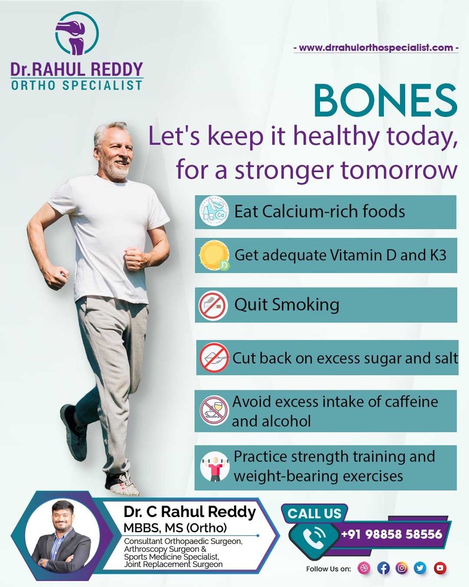 Strong bones are the foundation of a healthy tomorrow. Protect them today by getting enough calcium, vitamin D, and regular exercise. 
#drrahulreddyortho #dilsukhnagar #BoneHealth #StrongBones #HealthyLiving #CalciumIntake #VitaminD #OsteoporosisPrevention #HealthyHabits