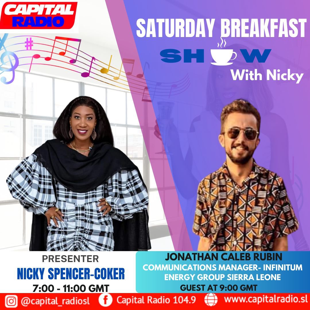 CapitalRadioSL's tweet photo. #capitalradiosl
Join @NickyLSC on the ‘Saturday Breakfast Show’ from 7:00-11:00 GMT.
@ 9:00GMT, Communications Manager for @iegsalone @j.caleb.rubin from joins the show.

Stay tuned to @CapitalRadioSL 
Visit: https://t.co/JPZQu3A3zt

#saturdaybreakfastshowwithnicky #sierraleone https://t.co/B9oBw0xhIl