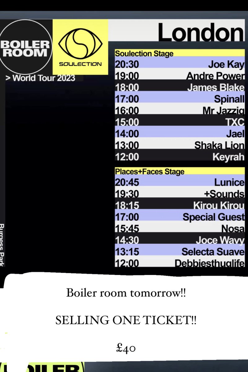 SharonBPsych's tweet photo. Selling one boiler room soulection ticket 15/09 £40 https://t.co/Fo5g6FR4Kk