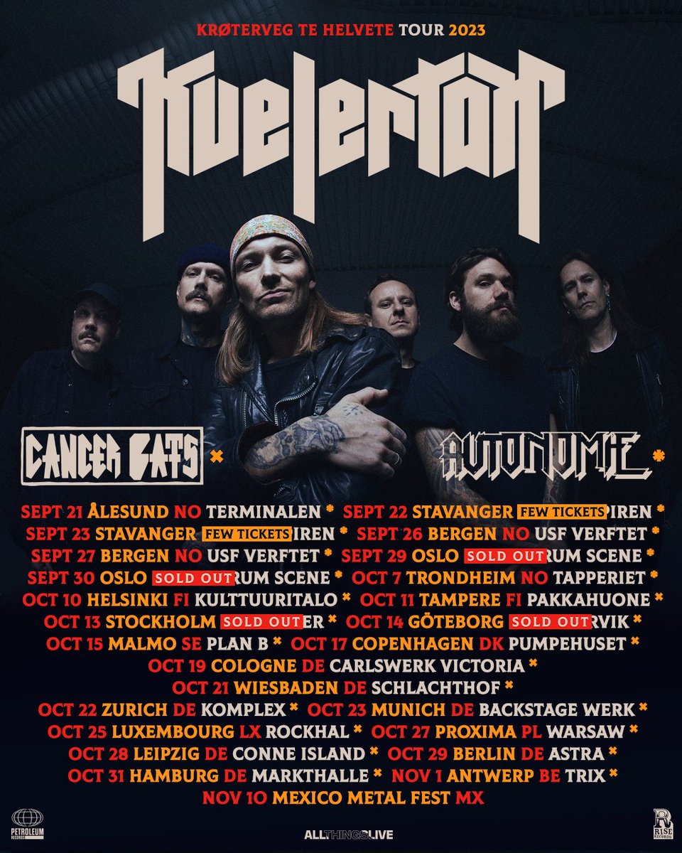 Can't wait to start the Krøterveg te helvete tour 2023🔥
Stoked to have Autonomie as special guests in Norway, and <a href="/cancerbats/">Cancer Bats</a> in Europe!

🎫 Get your tickets here: kvelertak.com/tour