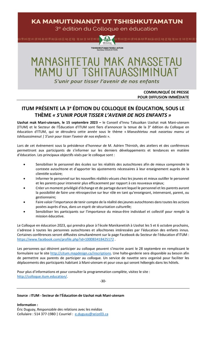 SEIZE03_fil's tweet photo. COMMUNIQUÉ: ITUM présente la 3e édition du colloque en éducation, sous le thème "S'unir pour tisser l'avenir de nos enfants"
#ITUM #Éducation #Autochtones #Innus https://t.co/ik3w74q8Ya