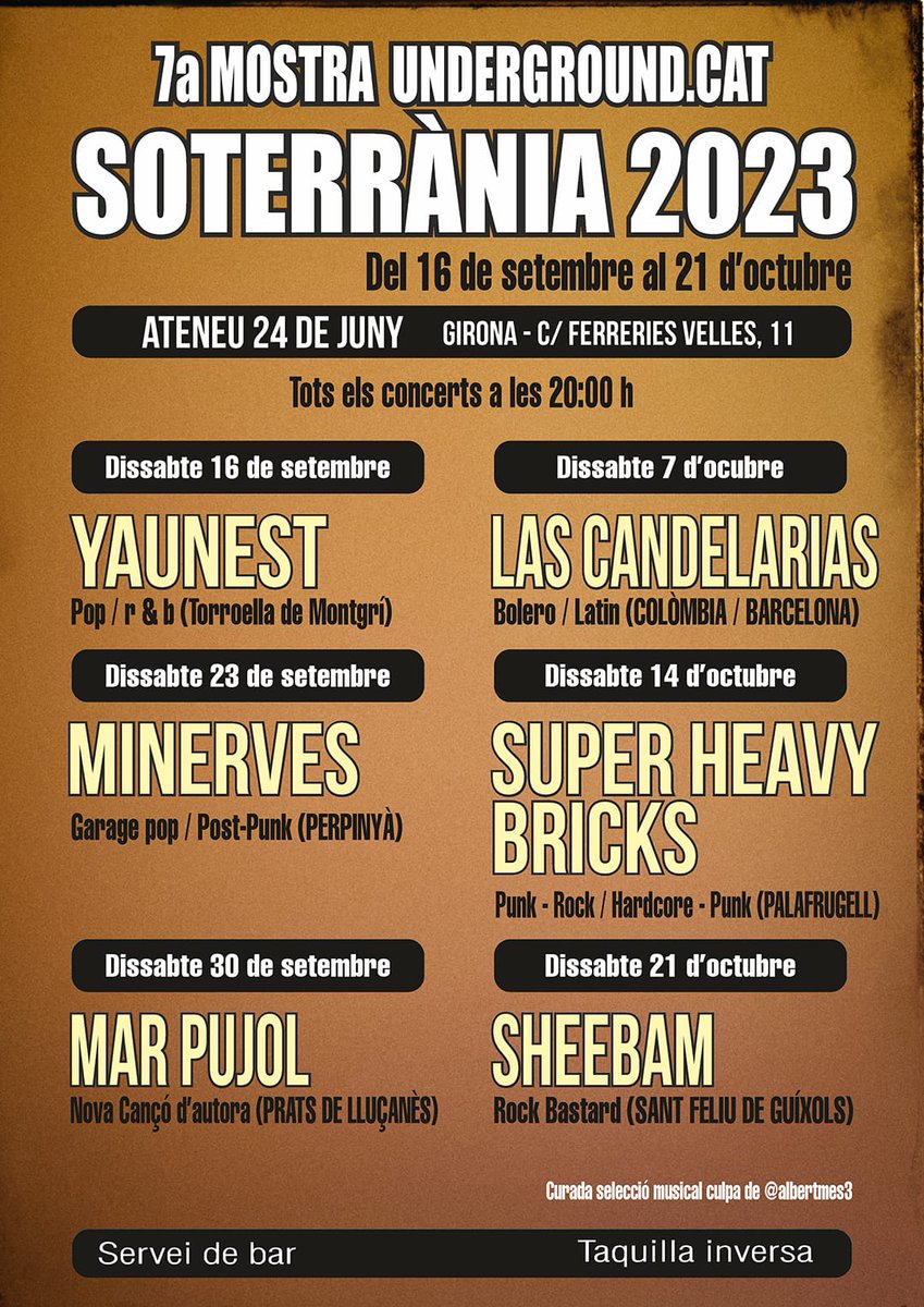 albertmes3's tweet photo. Demà comença la 7a edició de la Soterrània. Gràcies @Ateneu24dejuny per un any més de confiança. I als artistes seleccionats. Mira que queda clar, eh! És una MOSTRA que no pas un festival, doncs ja he vist un parell d'artistes parlant de festival. Diagnòstic: #festivalitis Som-hi https://t.co/zuwL2DZamX
