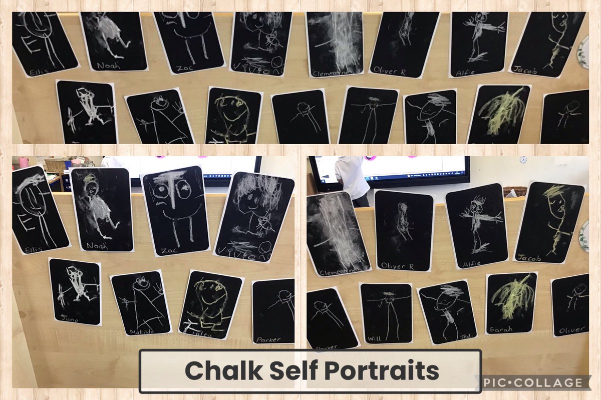 Reception used chalk to draw themselves. They look fantastic in our Drawing Area. @SychdynSchool #earlyyears #finemotor #creative