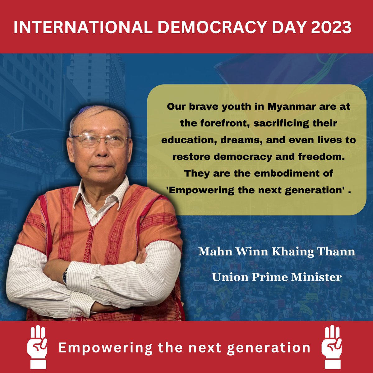 Our brave youth in Myanmar are at the forefront, sacrificing their education, dreams, and even lives to restore democracy and freedom. They are the embodiment of 'Empowering the next generation.'
#InternationalDayofDemocracy 
#Myanmar 
#EmpoweringNextGeneration