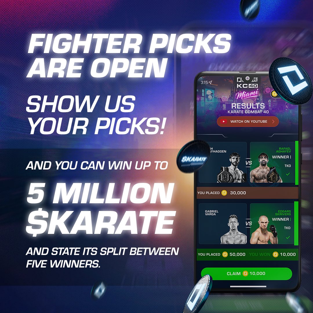 KarateCombat's tweet photo. 🔥 Fighter picks are now OPEN on the Up Only Gaming App!
Ready to show off your fight game knowledge?
Choose your champ and you could be part of our 5 MILLION $KARATE GIVEAWAY!
How to participate in the tweet below ⬇️ https://t.co/O7dF3FTH5r