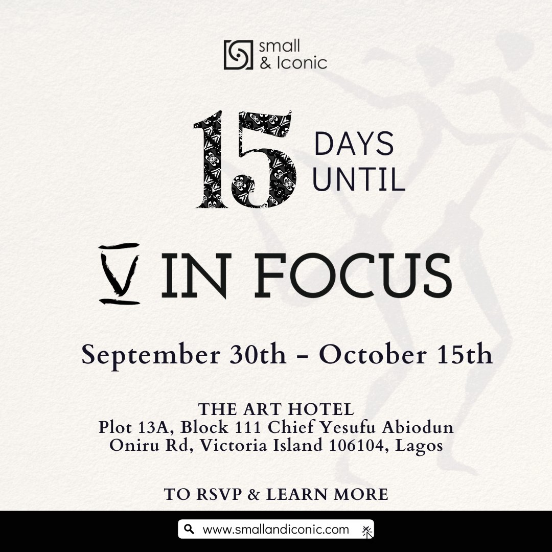 The Countdown is  still ON! We are 15 days away from the fifth edition of the small and Iconic miniature art exhibition themed 'V in Focus' nd we cannot wait.  

#miniatureart #africanartworks #artinlagos #SIC5 #5inFocus #lagosartscene #proudlyAfrican #fridaymorning #FridayVibes