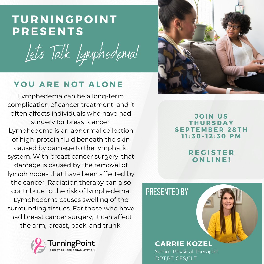 Join TurningPoint physical therapist, Carrie Kozel, as she guides you through an evidence-based workshop on lymphedema beginning with a brief anatomy overview to understanding your personal risk factors, and self assessment.