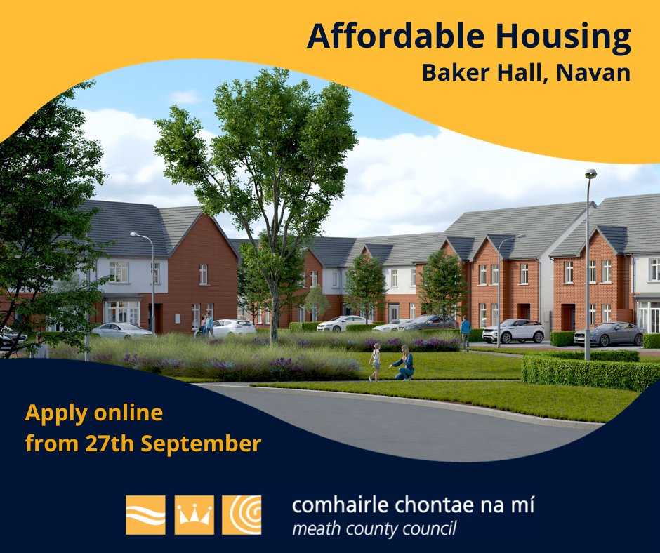 Meath County Council in conjunction with the Land Development Agency and Glenveagh are making 26 new affordable homes available for purchase by eligible applicants at Baker Hall, Navan.

Apply online from Wednesday 27th September 2023.

For more info see bit.ly/MCCAffordableH…