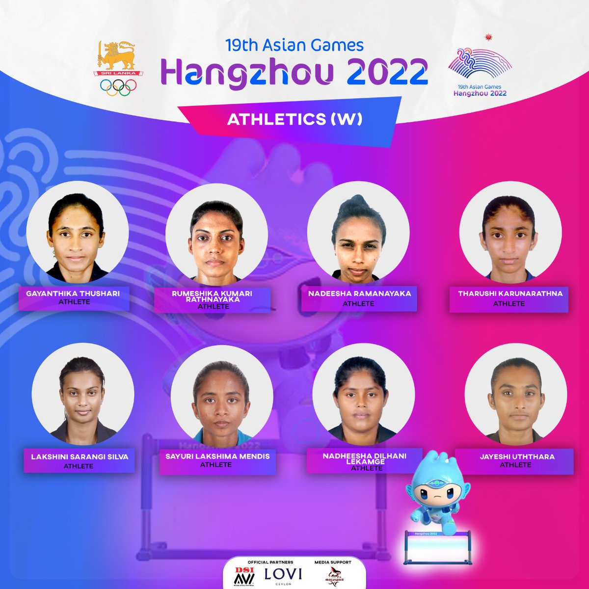 OlympicLK's tweet photo. 19th Asian Games Hangzhou 2022 - #TeamSriLanka
Eight-member Track and Field Women's team shall compete in the events of 200m, 400m, 800m, 1500m, 4*400m Relay, 4*400m Mixed Relay, Long Jump, and Javelin Throw.
Let's wish them all the best!
#NOCSriLanka #AsianGames #goLankago https://t.co/dbQpSJ7lYJ
