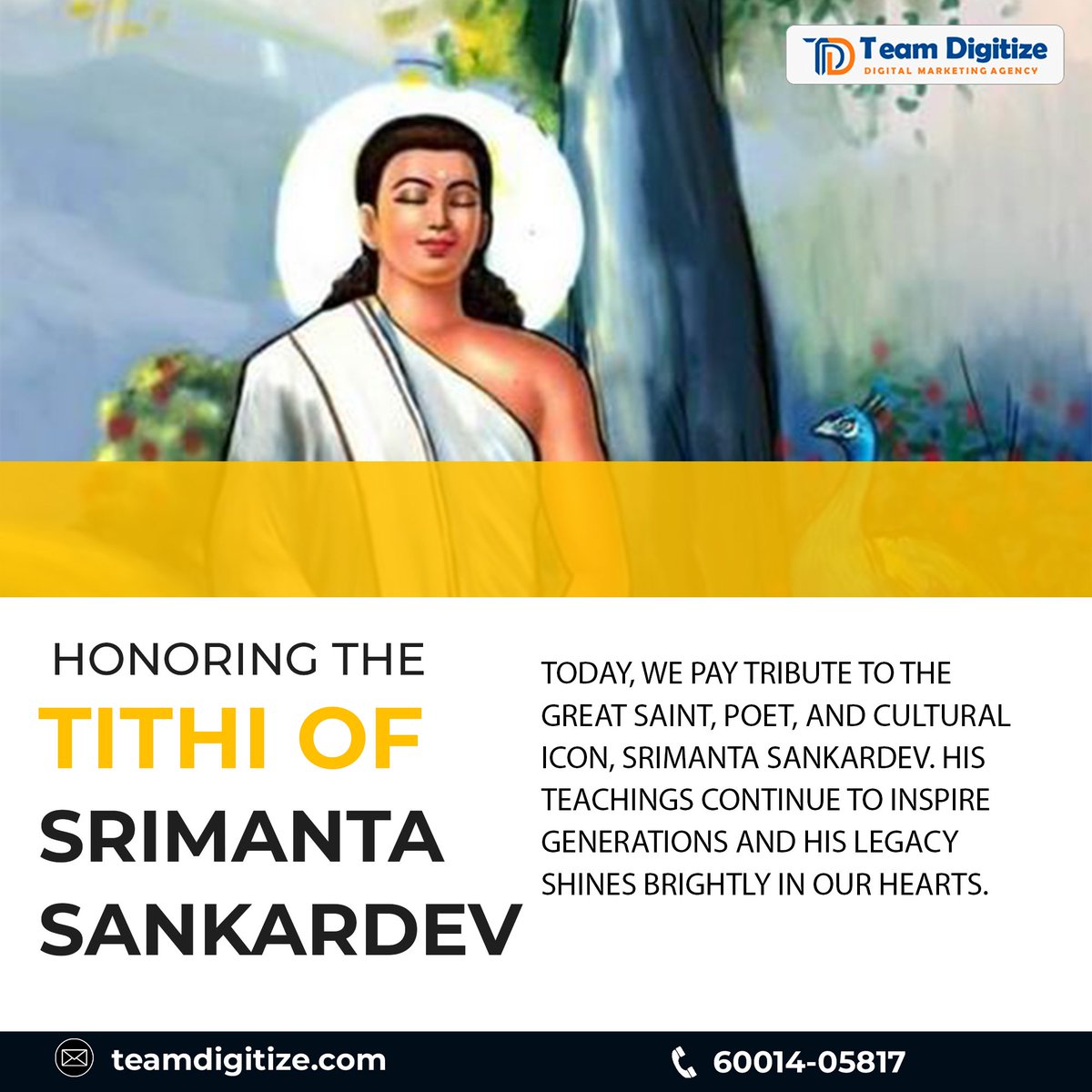 TDigitize's tweet image. Today, we honor the luminous legacy of Srimanta Sankardev, a saint whose teachings continue to illuminate our lives and culture.
 
#teamdigitize #advertisingagnecy #marketing #branding #SrimantaSankardev #ShiningLightOfSankardev
#SankardevJayanti #SankardevTeachings #AssamCulture