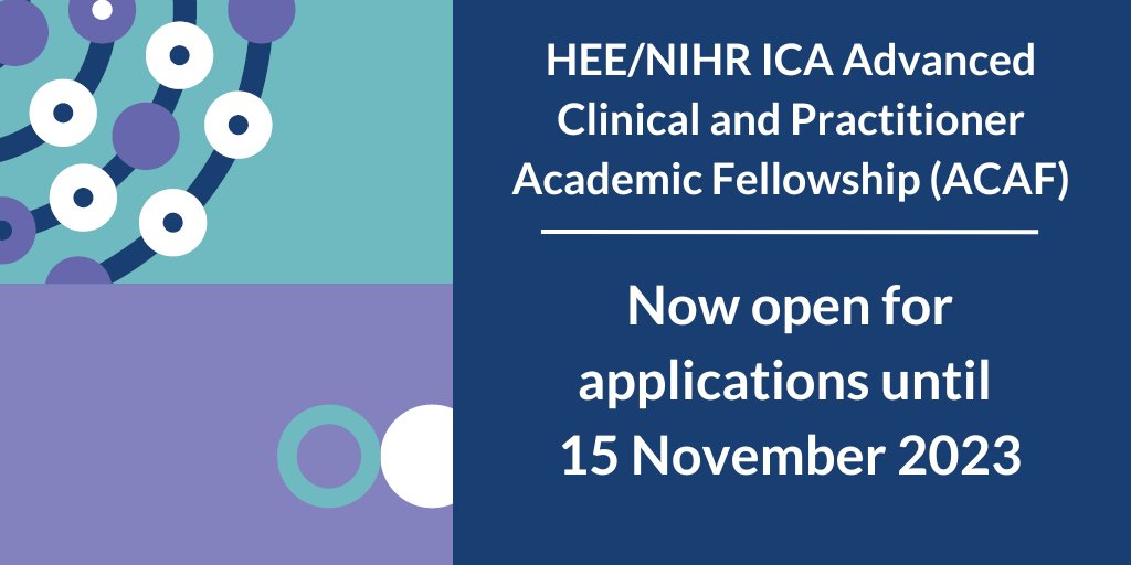 The HEE/NIHR Advanced Clinical and Practitioner Academic Fellowship (ACAF) is open for applications! The award is part of the ICA programme & supports post-doctoral researchers to develop their academic career while developing their health/care career. nihr.ac.uk/funding/advanc…