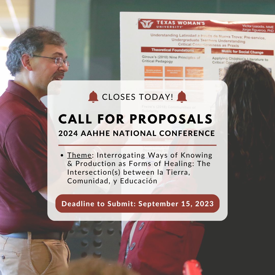 AAHHEorg's tweet photo. Submissions closing today! AAHHE invites proposals for its 2024 conference to be held on March 13-15, 2024, and hosted by Washington University in St. Louis, MO. Learn more and submit your proposal at https://t.co/s4pZoPtHKT
#highered #aahhe #latinx #callforproposals https://t.co/gD28syCwUv