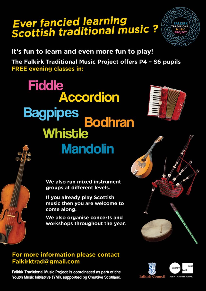 Interested in trad music?

FTMP are recruiting children P4 up for free evening music classes. Spaces in mandolin, fiddle, chanter, whistle, accordion and bodhran.  For more info and to sign up for our demonstration event on 26th Sept please email Falkirktrad@gmail.com