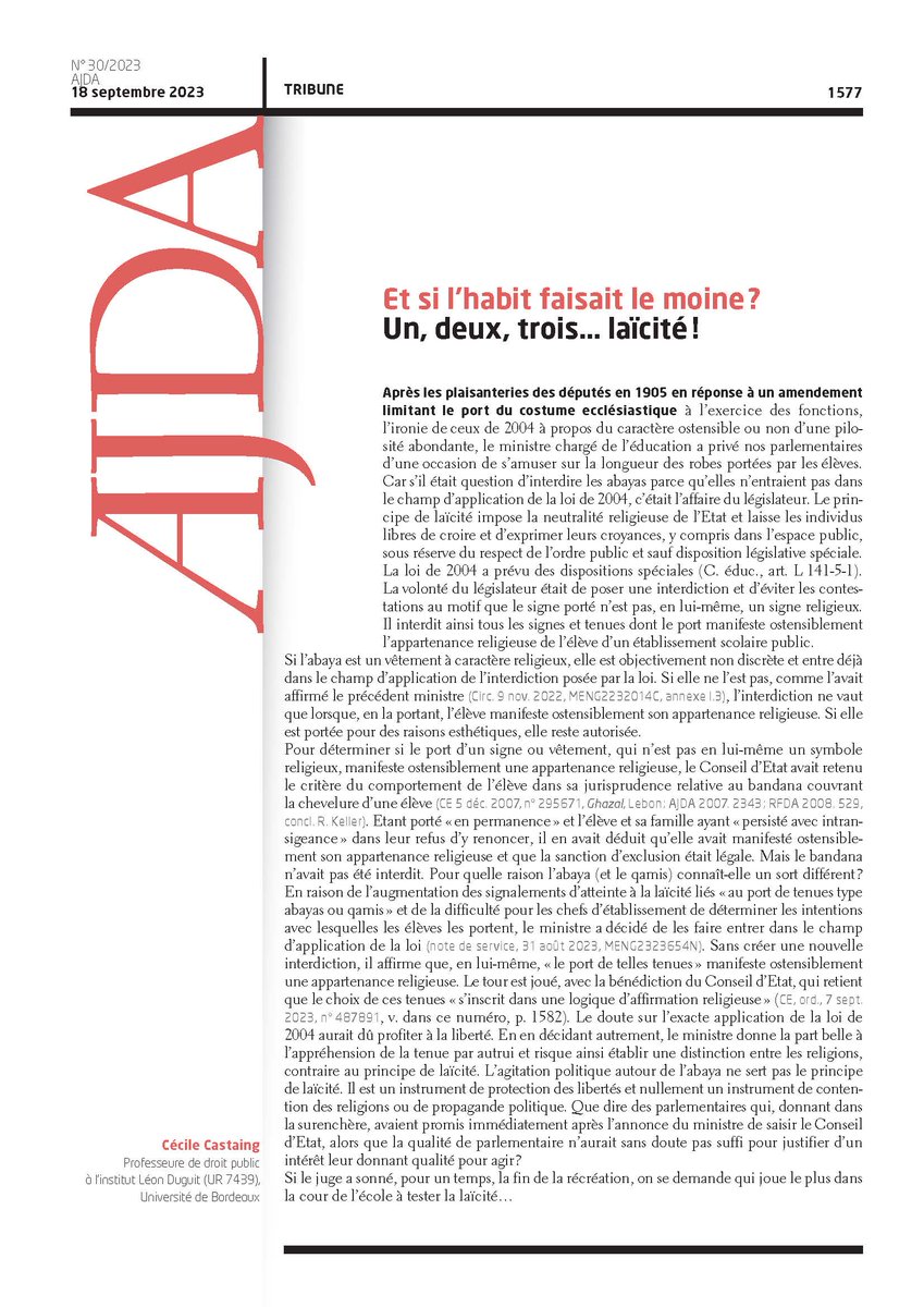 AJDA_Dalloz's tweet photo. En exclusivité la Tribune de Cécile Castaing : "Et si l'habit faisait le moine ? Un, deux, trois... laïcité !" https://t.co/fwOofmW8Zl
