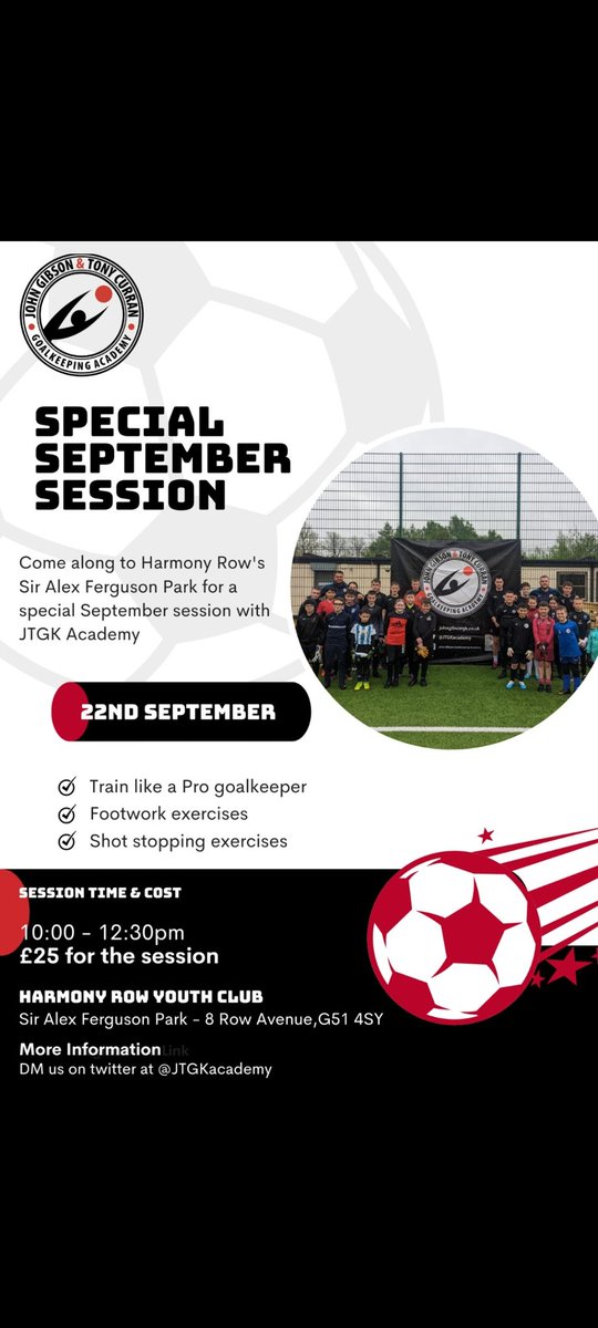 Still time to book you're goalkeeper in to our September session next Friday.  Let us know if you want involved.