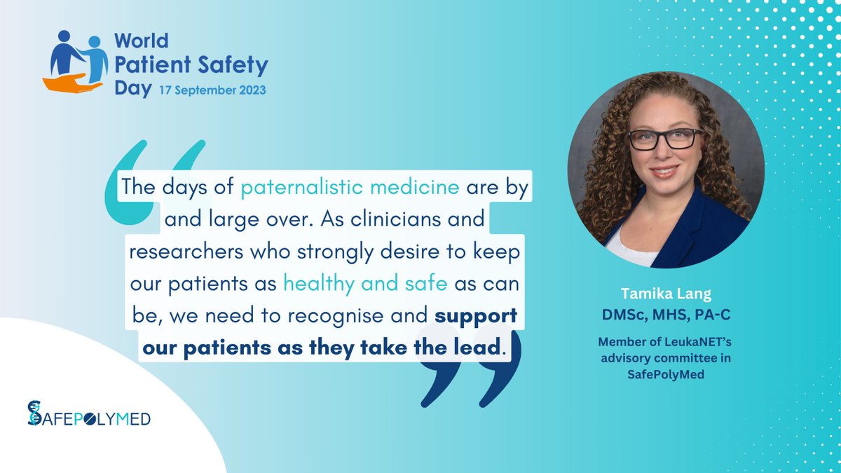 safepolymed's tweet photo. Meet our 3rd #SafePolyMed advocate of the day: Tamika Lang from the @leukade's advisory committee. 👇

💊 This #WPSD23, get inspired to shape a safer future in drug treatment &amp; read the full interview here:
https://t.co/1Xj8J39I2g

 #PatientSafety #WorldPatientSafetyDay https://t.co/JnSUZ1JIDS