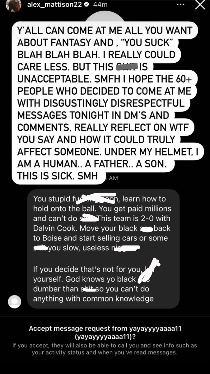 NFLRT's tweet photo. Alexander Mattison’s DM’s after the game. 

This is simply unacceptable, players are humans too and deserve respect. https://t.co/ceFXrsDWvC