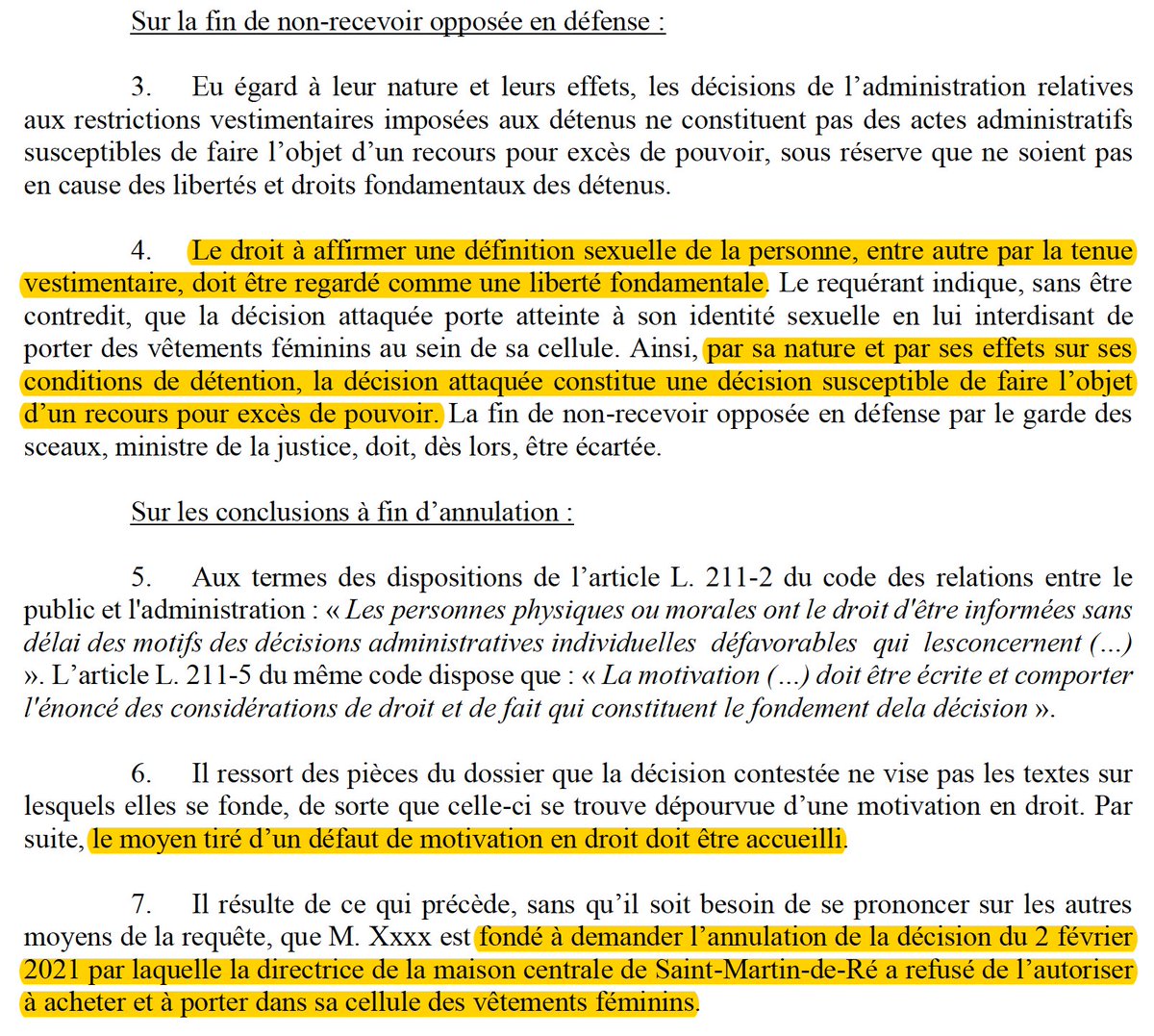 Transidentité &amp; prison : De façon inédite, "le droit à affirmer une définition sexuelle de la personne" est reconnu comme une "liberté fondamentale".

Ainsi, l'interdiction pour un détenu de porter des vêtements féminins dans sa cellule est justiciable.

=>bit.ly/3RjmLjR