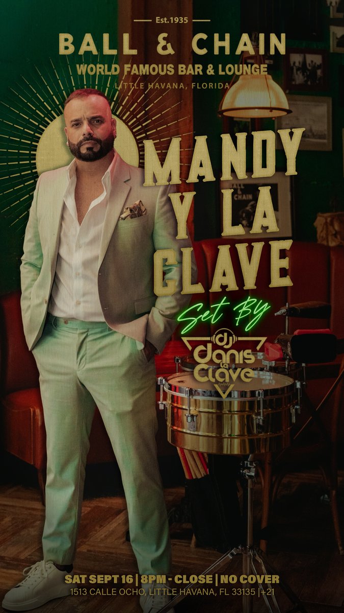 BallAndChainBar's tweet image. TGIF!

TODAY: #LiveSalsa noon to 6 p.m., #LiveJazz 6 to 9, then @MiamiBoheme Night w/DJ Ozz + #LiveMusic by @MarlowRosado

TOMORROW: #LaPachanga ft @DJDanisLaClave &amp;amp; Mandy y la Clave

#SalseroSunday: @DJJorgeCharun + a FREE #SalsaClass

#supportlocal ballandchainmiami.com 
🍍💚