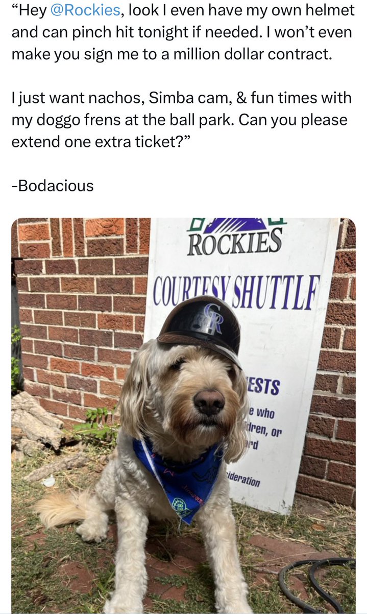 YOAST_Law's tweet photo. “Hey @Rockies - Since the game was postponed, can I please get a ticket to Saturday’s game for Bark at the Park.” -Bodacious https://t.co/HnIDTn6OTM