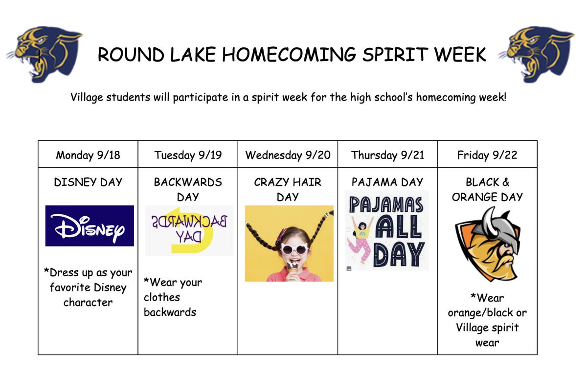RLVillageSchool's tweet photo. Next week is our Homecoming Spirit Week! Plan on participating in the fun dress up days!!!! It is going to be an exciting week.
#116Pride #WeAreRL #villagevikings116 #fallspiritweek https://t.co/buKeKubhkR