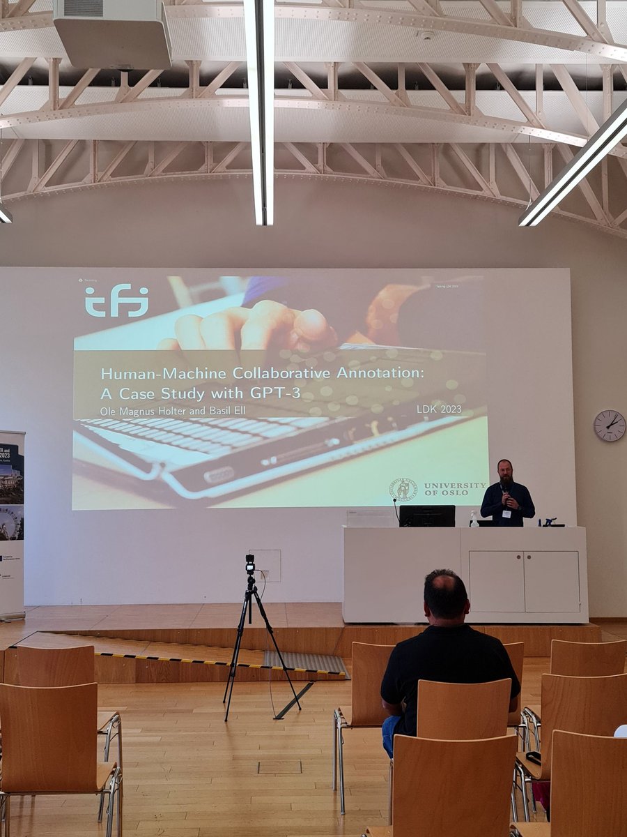 LDKconference's tweet image. The first presentation after the lunch break &quot;Human-Machine Collaborative Annotation: A Case Study with GPT-3&quot; by Ole Magnus Holter and Basil Ell #ldk2023