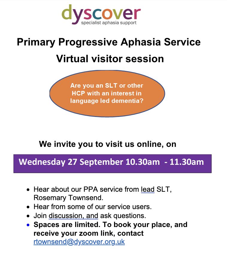 Rosemary Townsend (@rosemarytowns15) on Twitter photo Iāll be talking about our #PPA service ā¦<a href="/dyscoveraphasia/">Dyscover - specialist aphasia support</a>ā© at our next virtual visitor session on Weds 27 Sept. If you are an #SLT or #HCP working with people who have #PPA /language-led #dementia youād be very welcome. Iāll be talking about our #PPA service ā¦<a href="/dyscoveraphasia/">Dyscover - specialist aphasia support</a>ā© at our next virtual visitor session on Weds 27 Sept. If you are an #SLT or #HCP working with people who have #PPA /language-led #dementia youād be very welcome.