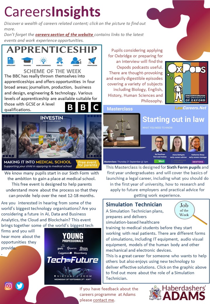 careers_ha's tweet image. #Apprenticeships, #medicinecareers advice for parents, #supercurricular podcasts, #law and #techcareers advice and #joboftheweek all feature in this week's Careers Bulletin. Find it at bit.ly/3LlTh0Q